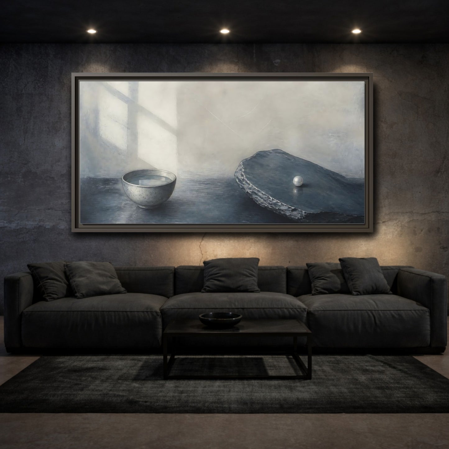 Mockup 3. Pearl On Slate shown as framed canvas print