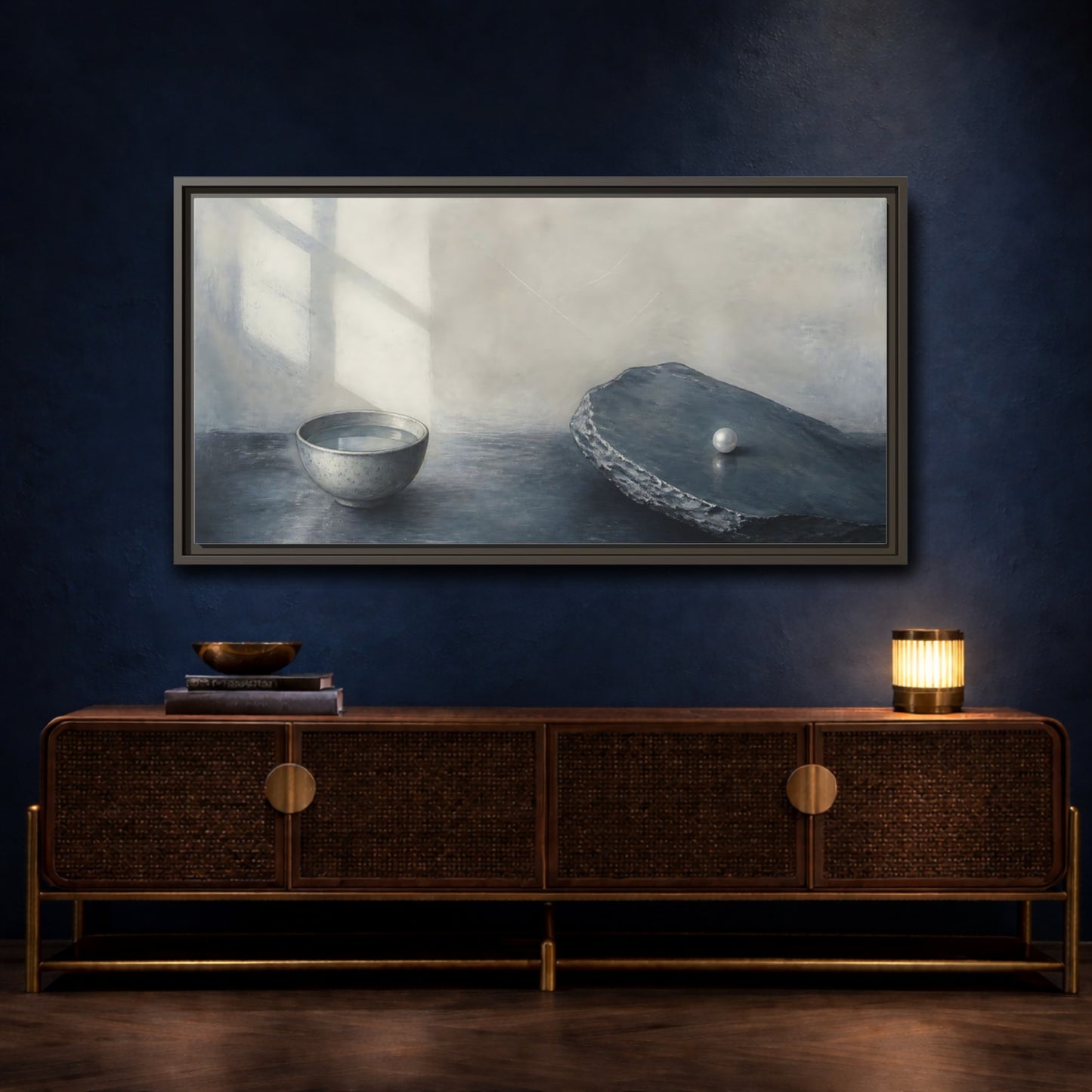 Mockup 4. Pearl On Slate shown as framed canvas print