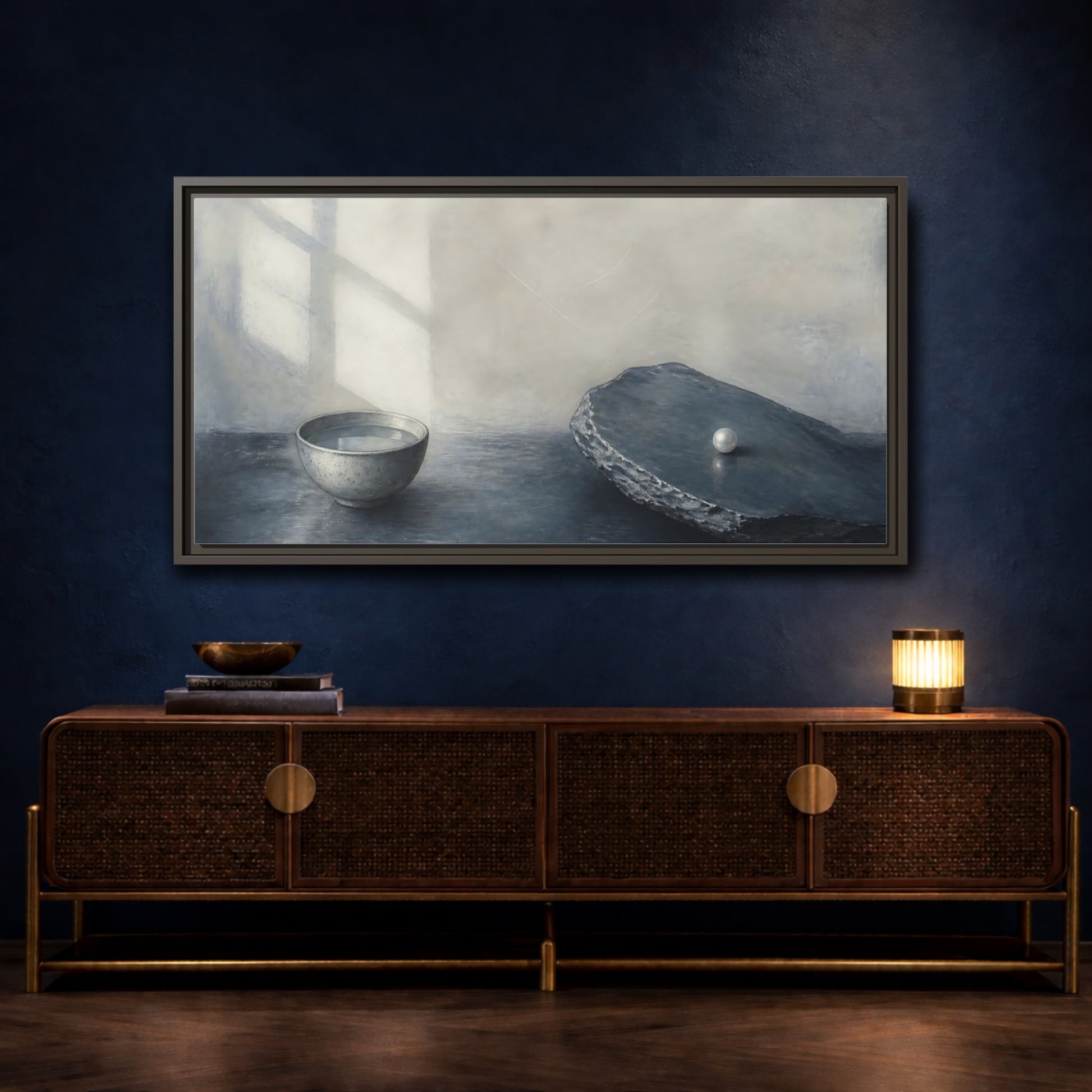 Mockup 4. Pearl On Slate shown as framed canvas print
