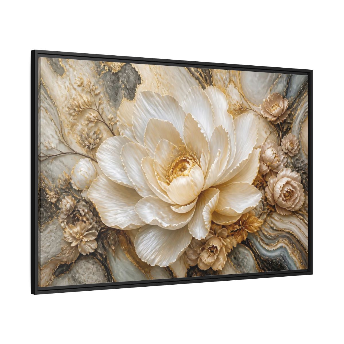 Side Mockup 12. Pearl Petal Blossom shown as framed canvas print