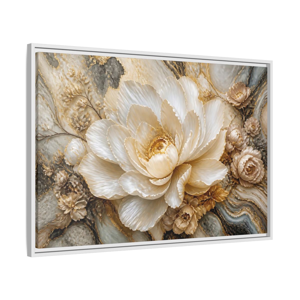 Side Mockup 9. Pearl Petal Blossom shown as framed canvas print