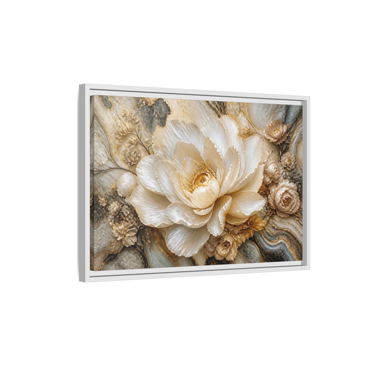 Side Mockup 1. Pearl Petal Blossom shown as framed canvas print