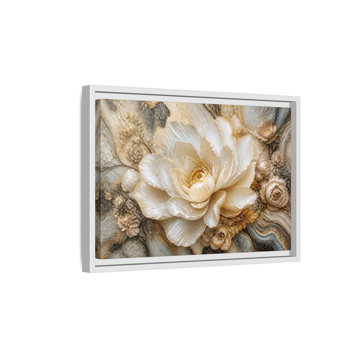 Side Mockup 4. Pearl Petal Blossom shown as framed canvas print