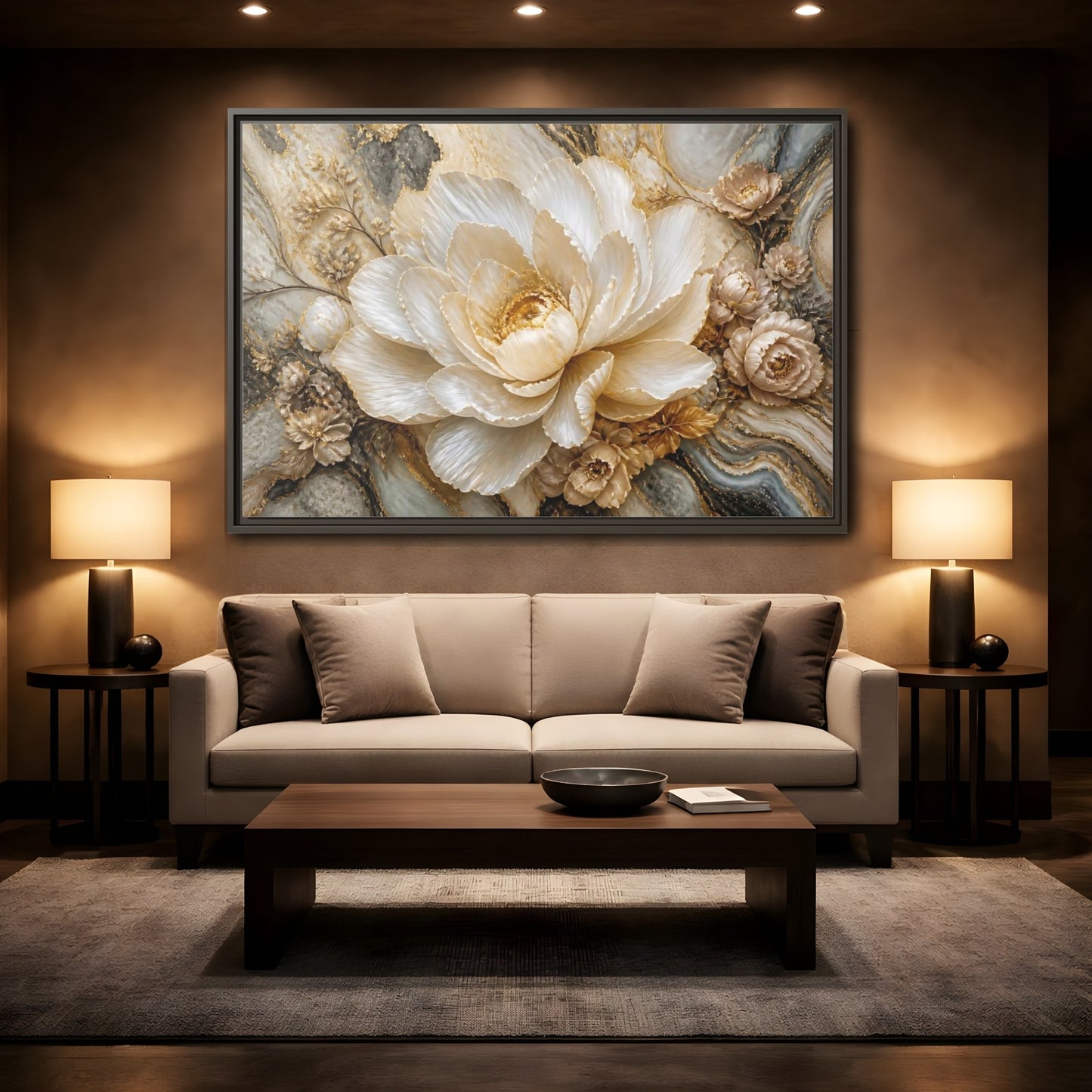 Mockup 2. Pearl Petal Blossom shown as framed canvas print