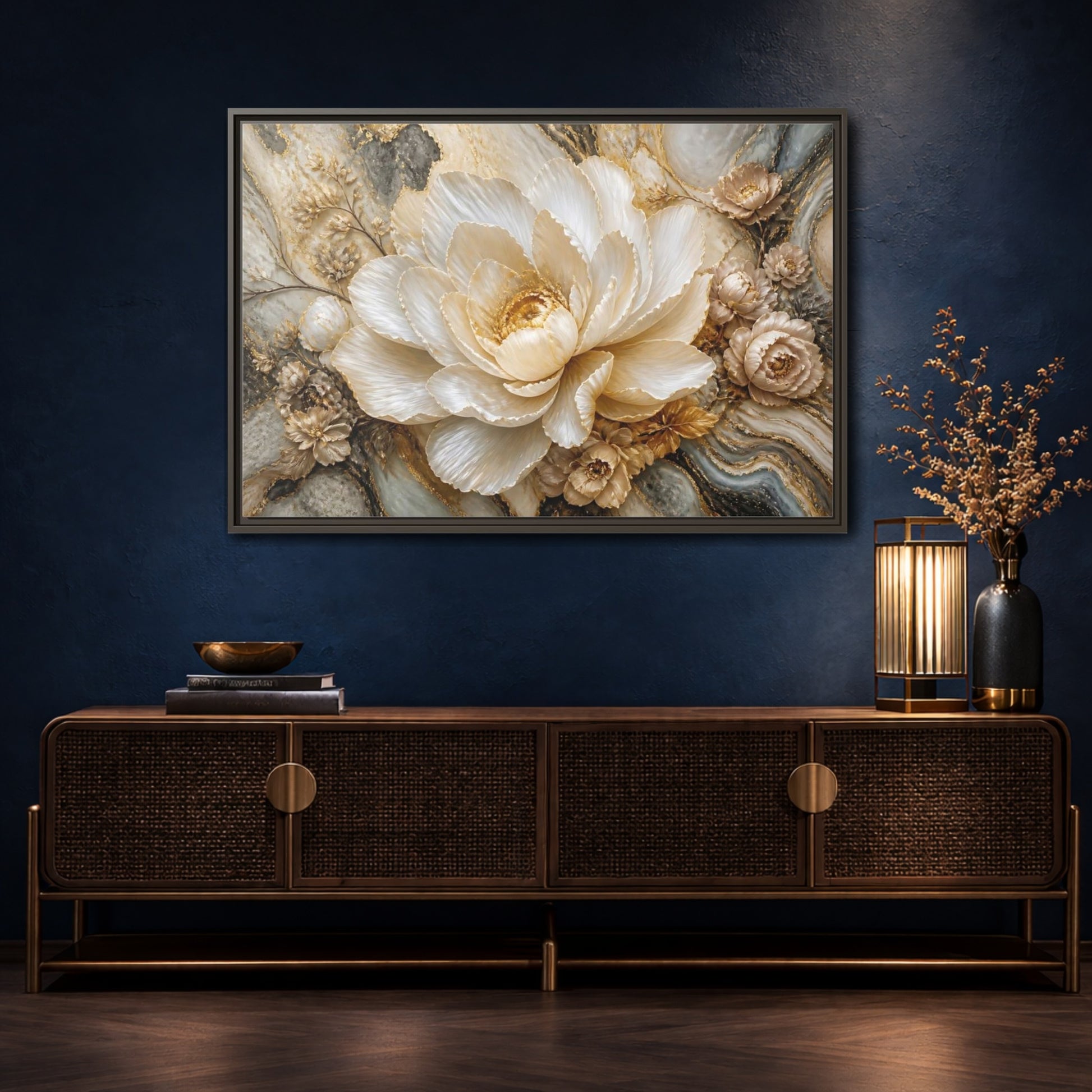 Mockup 4. Pearl Petal Blossom shown as framed canvas print