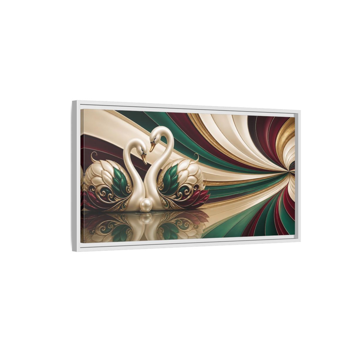 Side Mockup 1. Pearl Swans Embrace shown as framed canvas print
