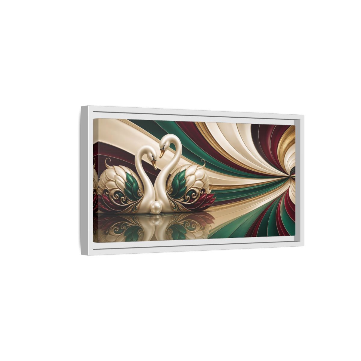 Side Mockup 6. Pearl Swans Embrace shown as framed canvas print