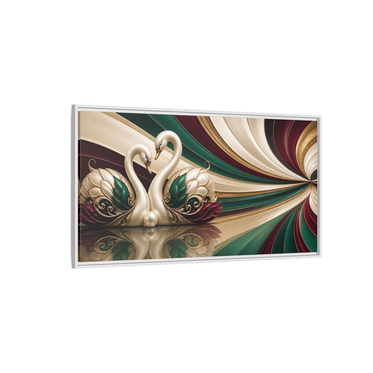 Side Mockup 3. Pearl Swans Embrace shown as framed canvas print