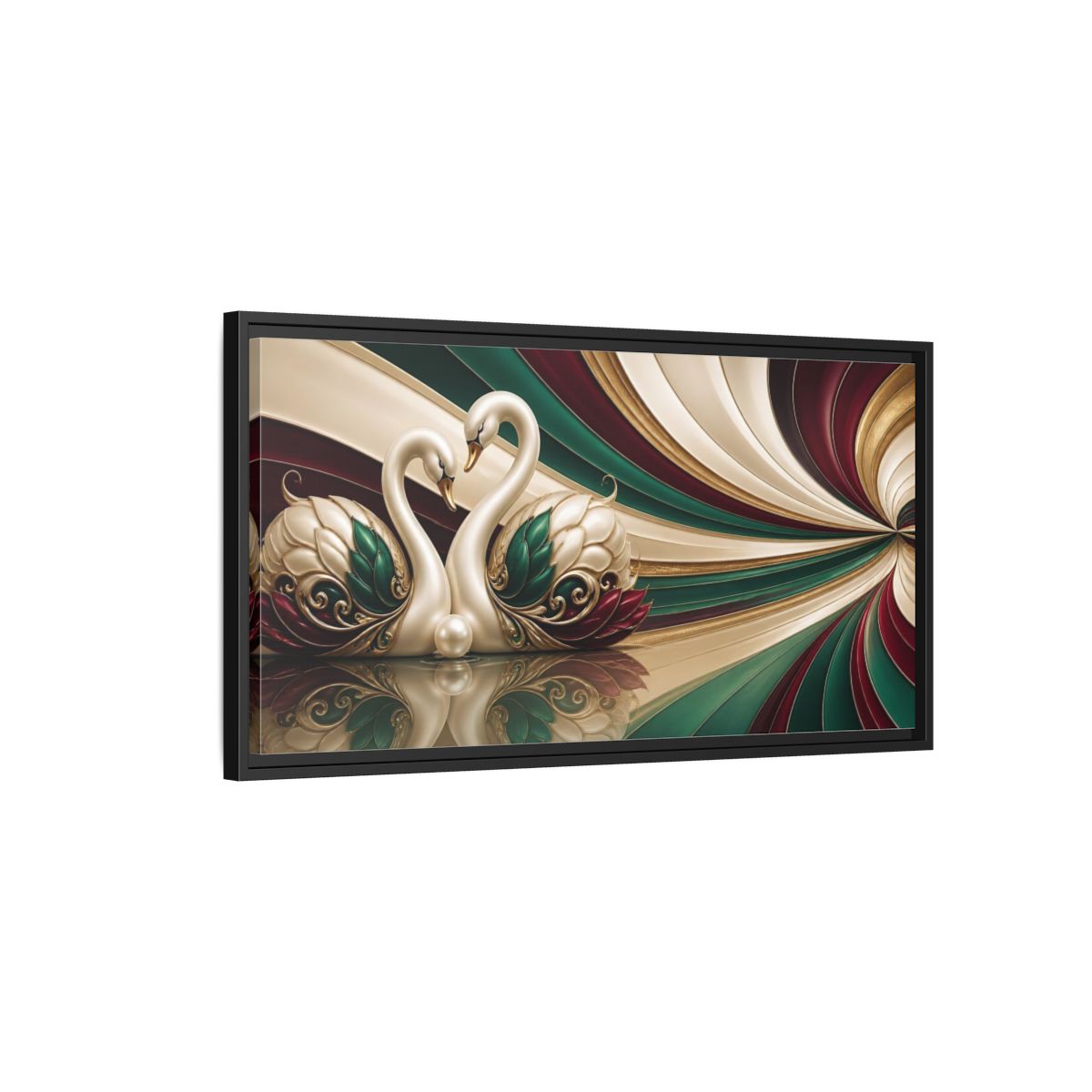 Side Mockup 2. Pearl Swans Embrace shown as framed canvas print