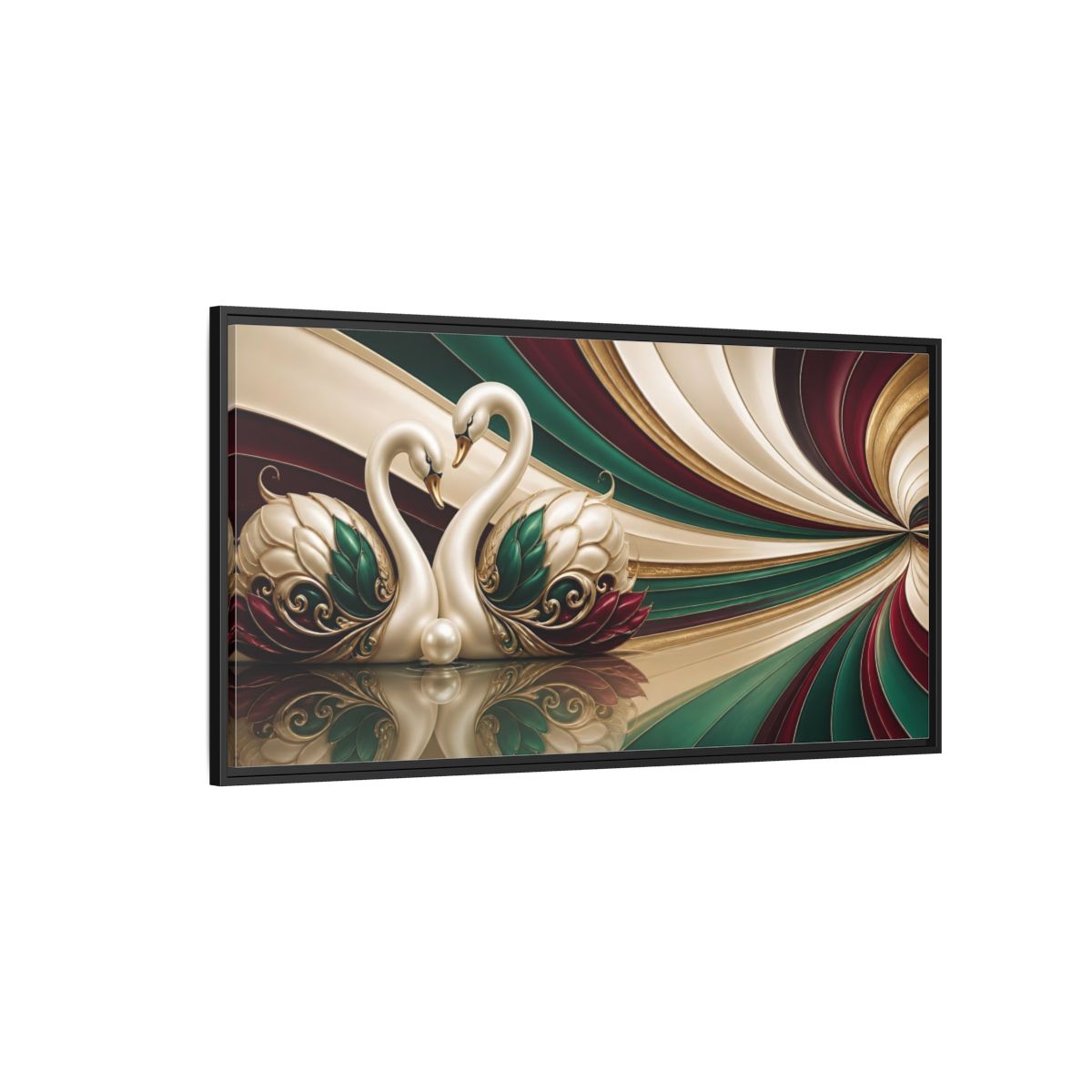 Side Mockup 5. Pearl Swans Embrace shown as framed canvas print
