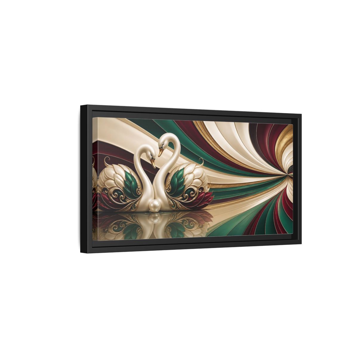 Side Mockup 8. Pearl Swans Embrace shown as framed canvas print