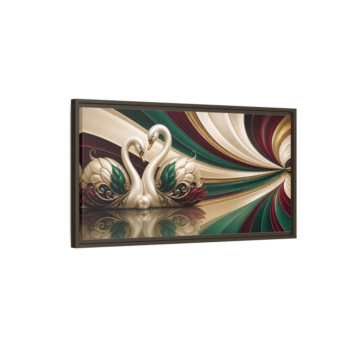 Main Mockup. Pearl Swans Embrace shown as framed canvas print