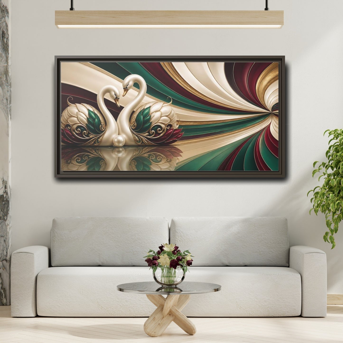 Mockup 2. Pearl Swans Embrace shown as framed canvas print