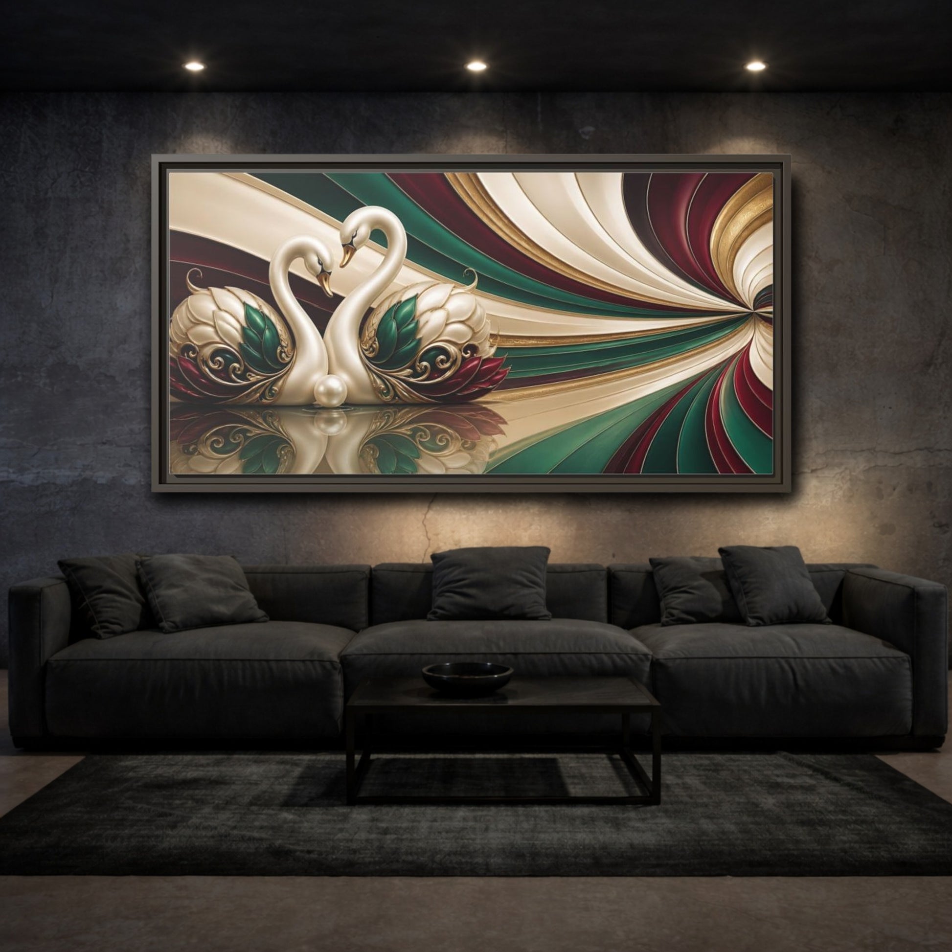 Mockup 3. Pearl Swans Embrace shown as framed canvas print