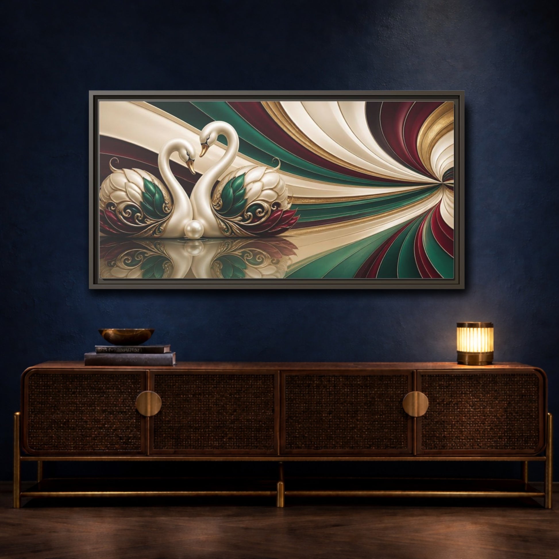 Mockup 4. Pearl Swans Embrace shown as framed canvas print
