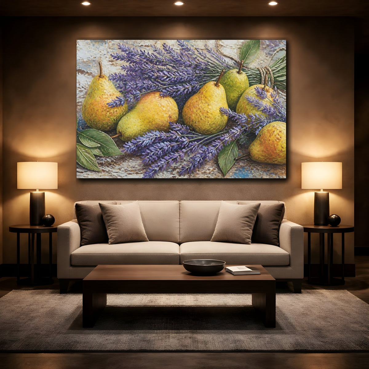 Mockup 2. Pears With Lavender shown as canvas print