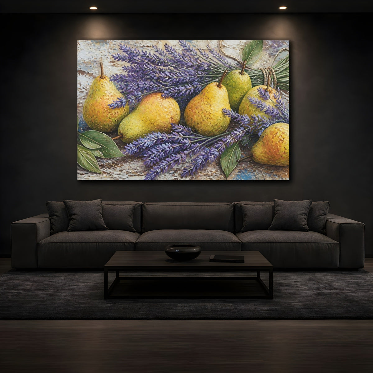 Mockup 3. Pears With Lavender shown as canvas print