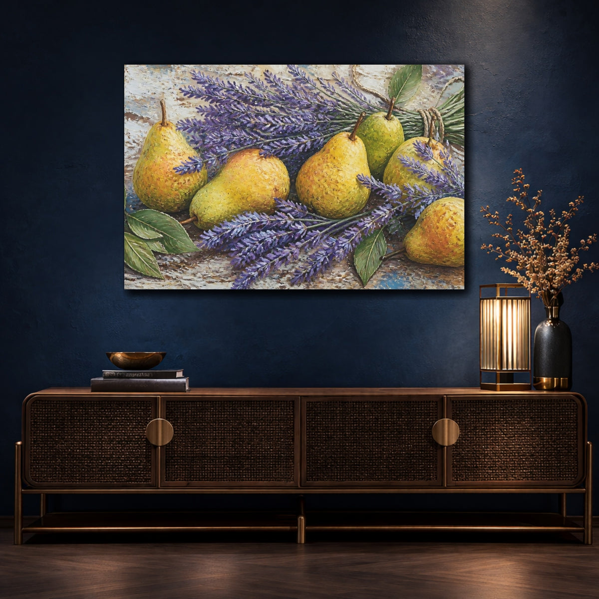 Mockup 4. Pears With Lavender shown as canvas print