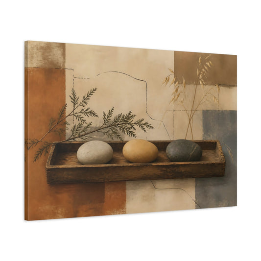 Main Mockup. Pebbles On Aged Tray shown as canvas print