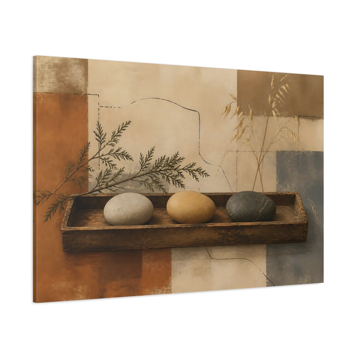Side Mockup 1. Pebbles On Aged Tray shown as canvas print