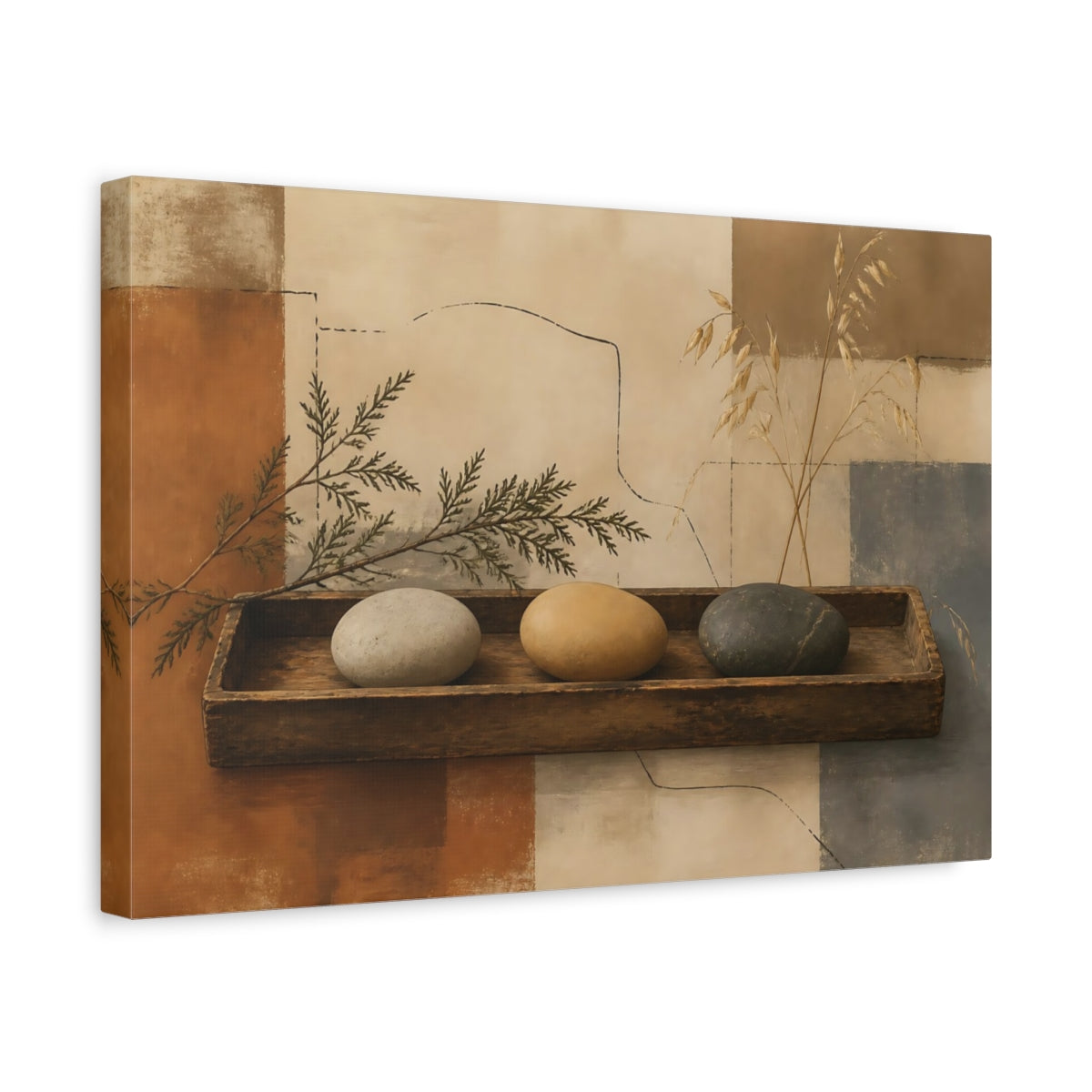Side Mockup 4. Pebbles On Aged Tray shown as canvas print