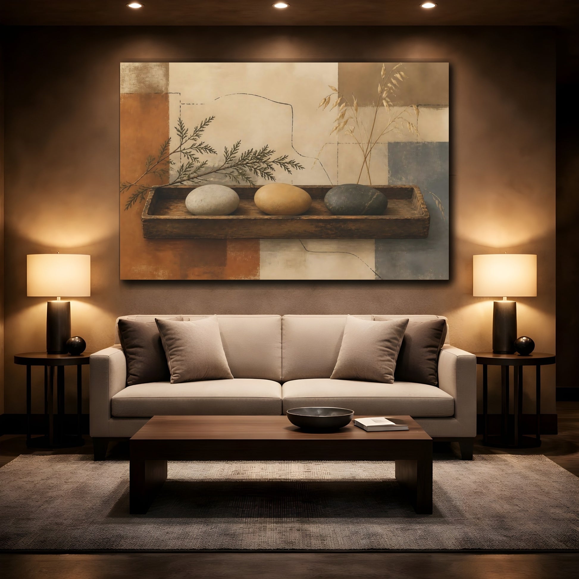 Mockup 2. Pebbles On Aged Tray shown as canvas print