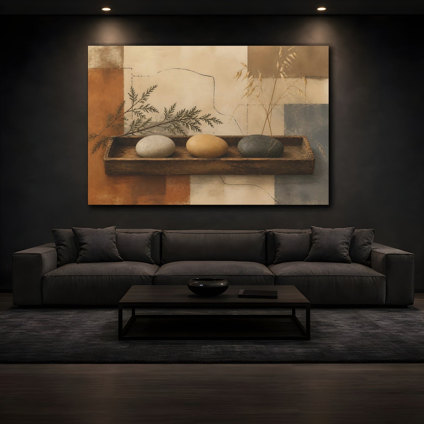 Mockup 3. Pebbles On Aged Tray shown as canvas print