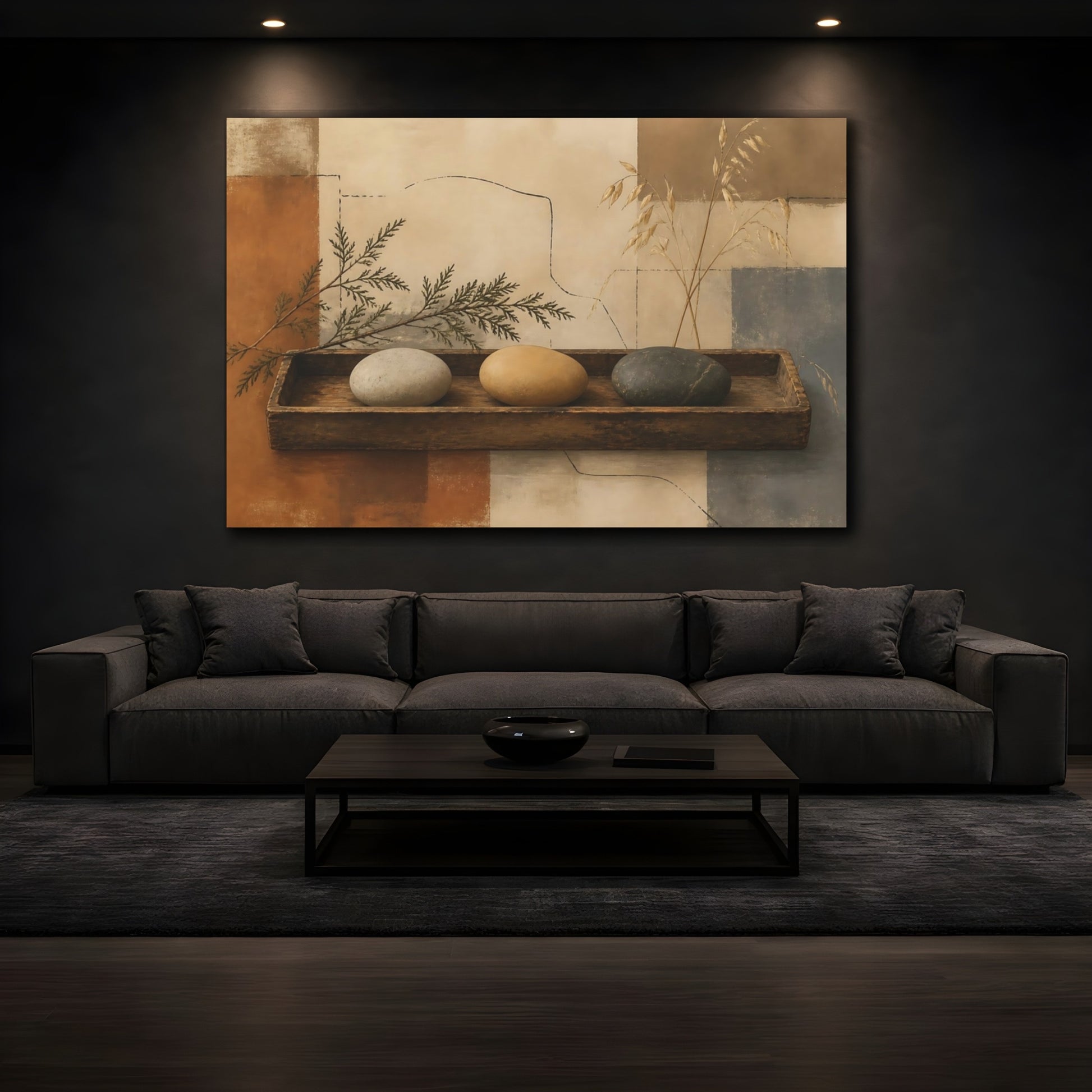 Mockup 3. Pebbles On Aged Tray shown as canvas print