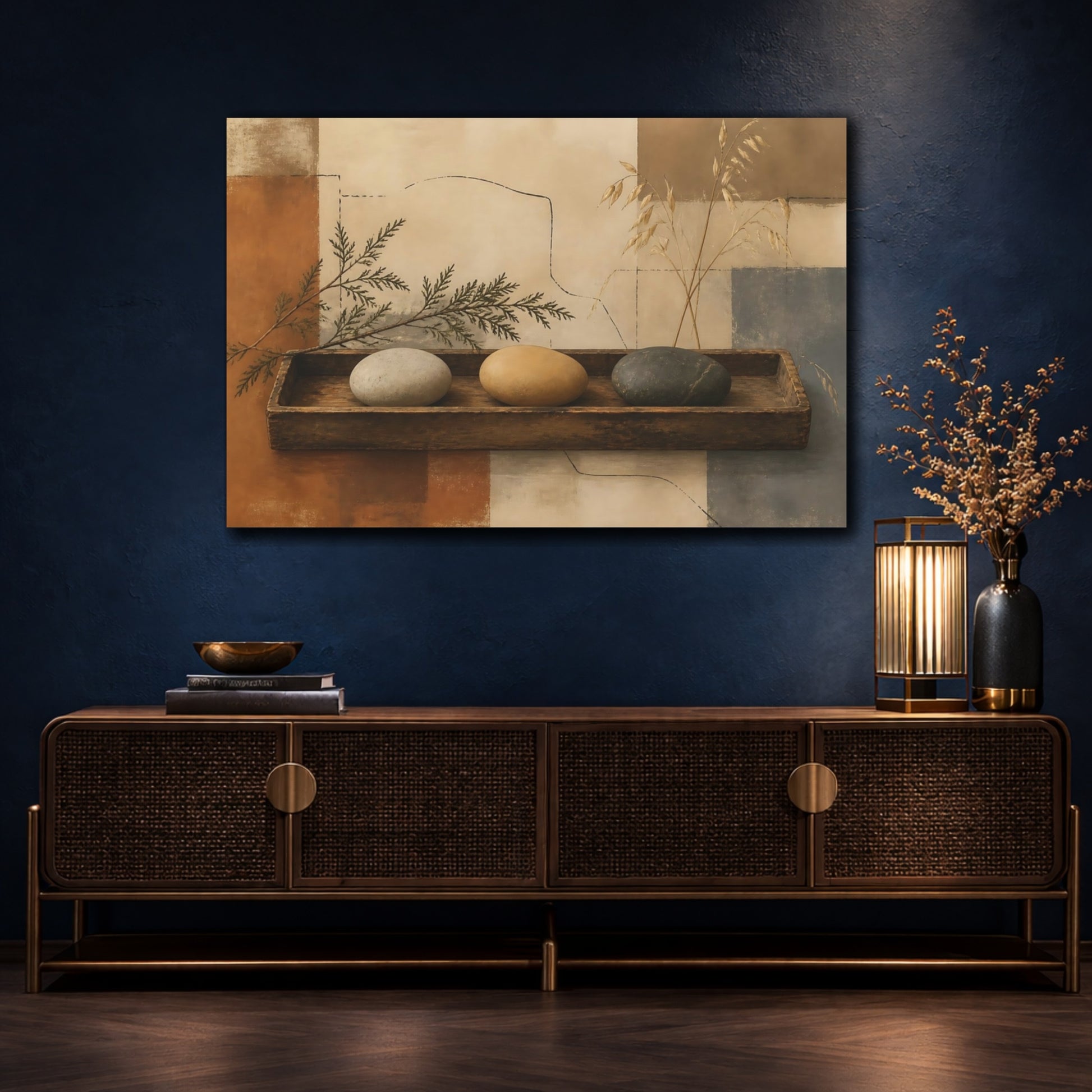 Mockup 4. Pebbles On Aged Tray shown as canvas print