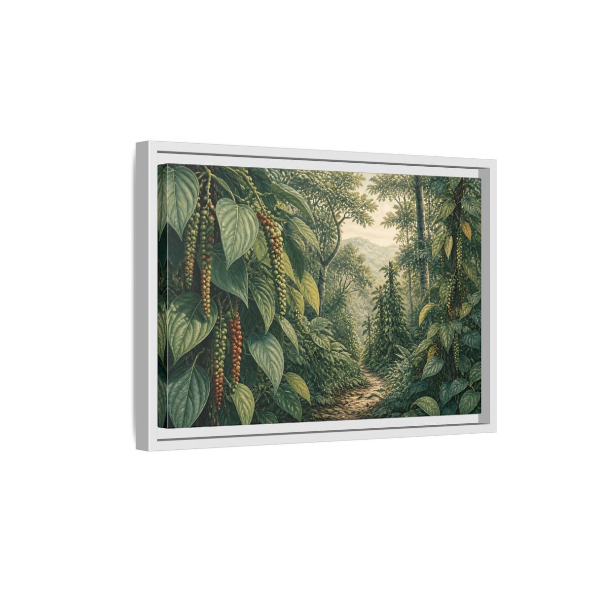 Side Mockup 4. Pepper Vines Jungle Trail shown as framed canvas print