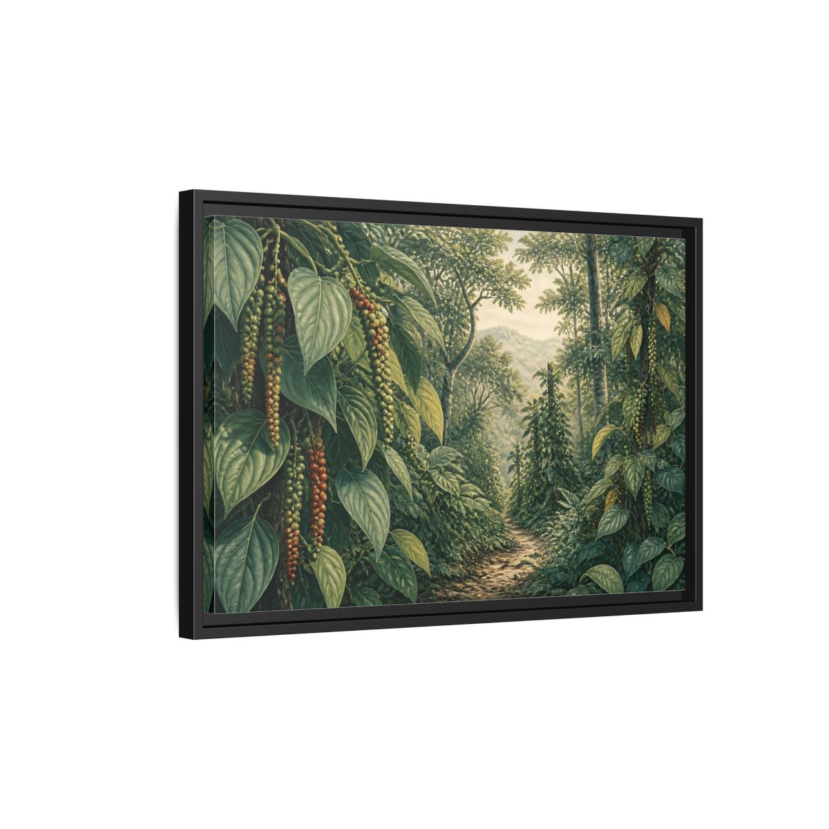 Side Mockup 3. Pepper Vines Jungle Trail shown as framed canvas print