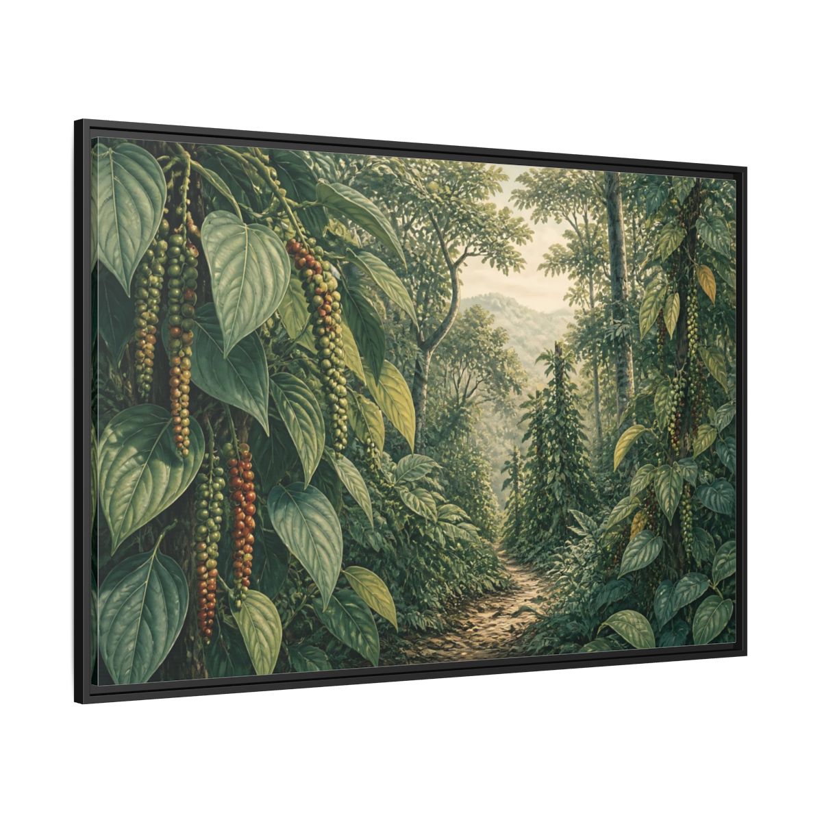 Side Mockup 12. Pepper Vines Jungle Trail shown as framed canvas print