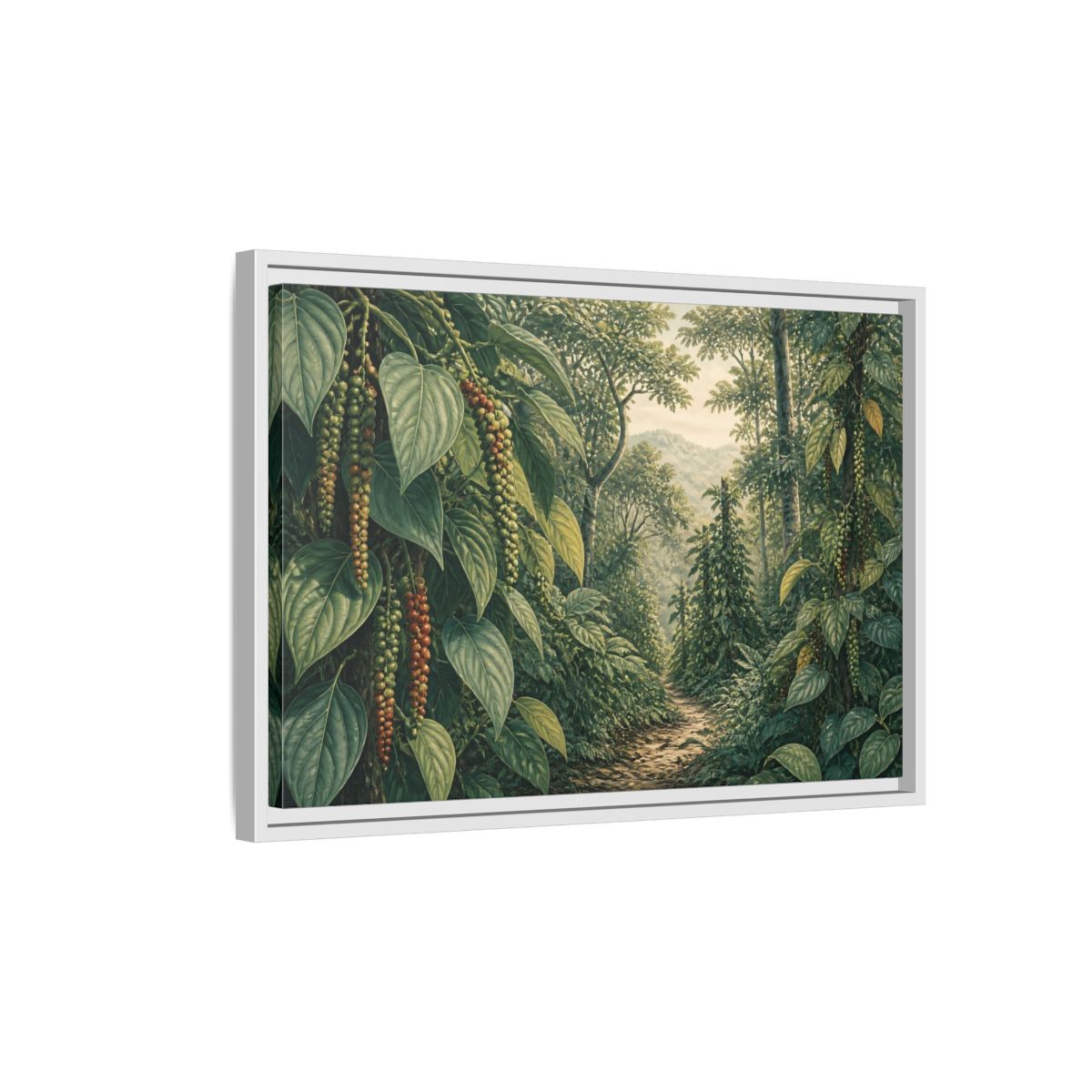 Side Mockup 1. Pepper Vines Jungle Trail shown as framed canvas print