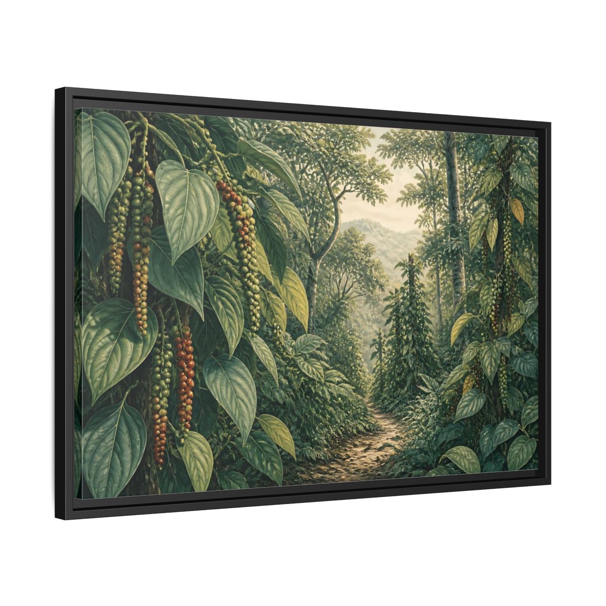 Side Mockup 14. Pepper Vines Jungle Trail shown as framed canvas print