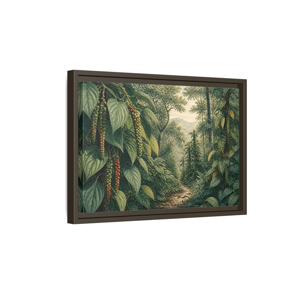Side Mockup 5. Pepper Vines Jungle Trail shown as framed canvas print