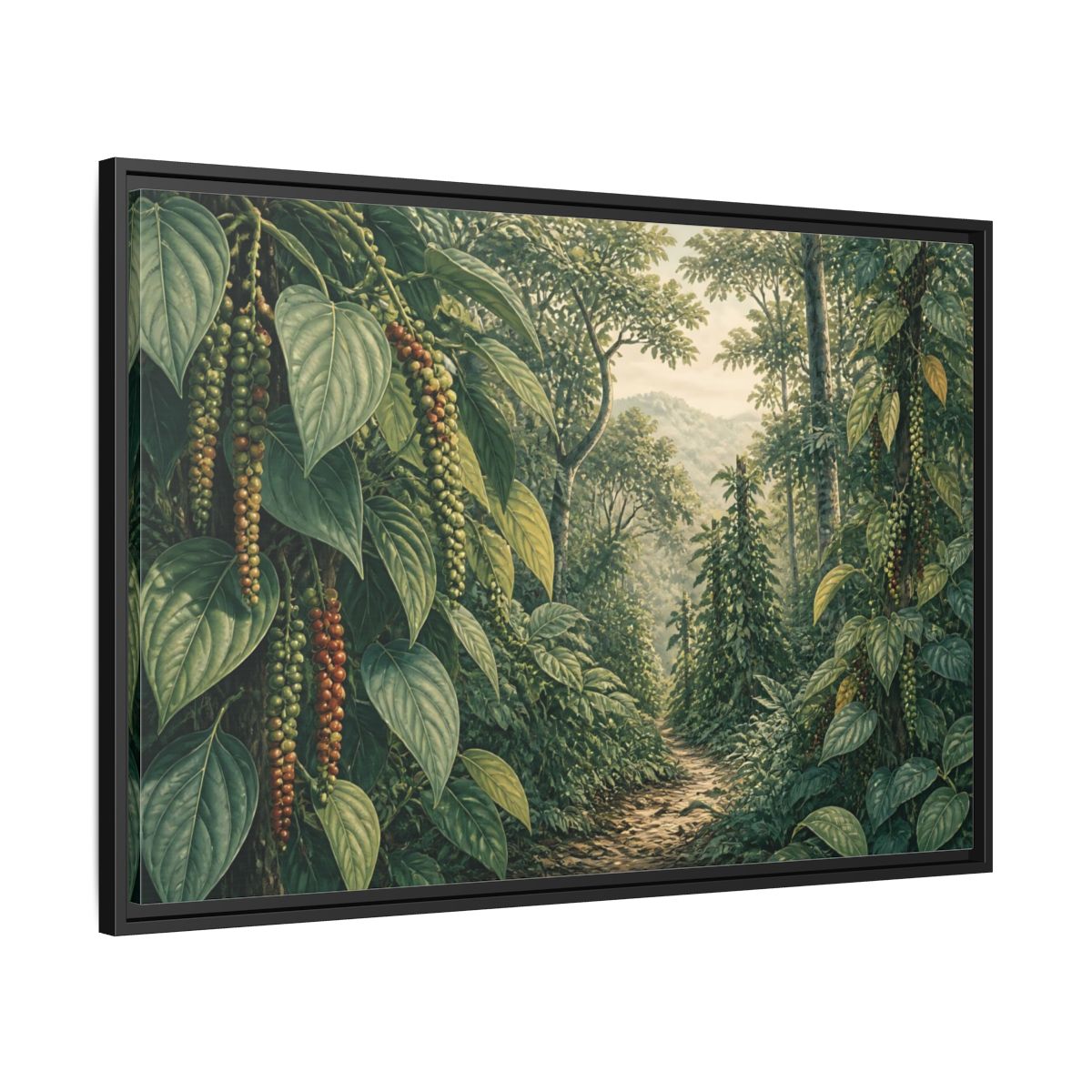 Side Mockup 13. Pepper Vines Jungle Trail shown as framed canvas print