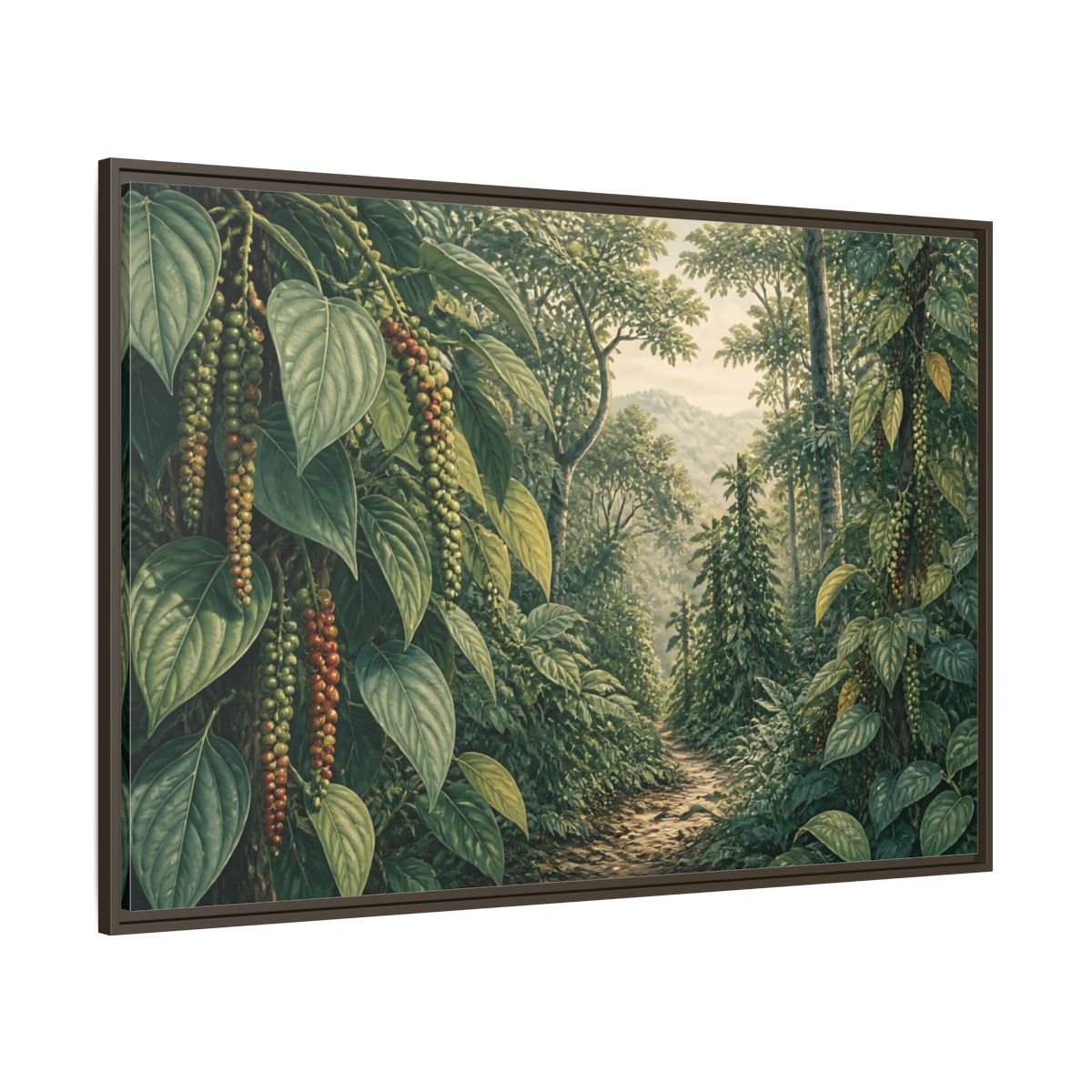 Side Mockup 8. Pepper Vines Jungle Trail shown as framed canvas print