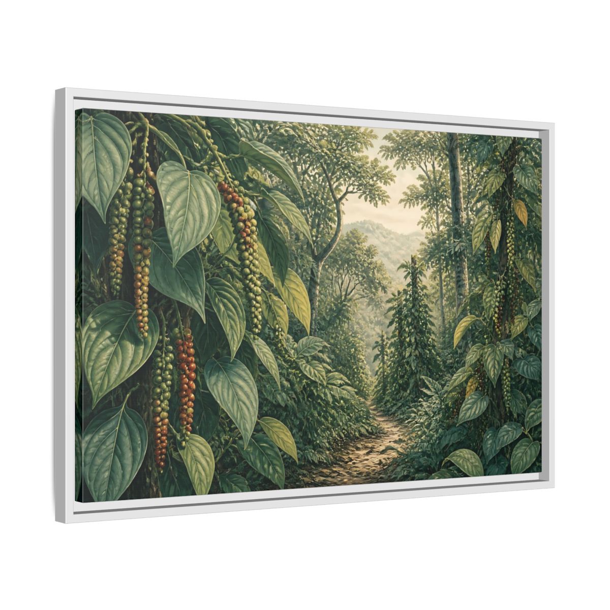 Side Mockup 10. Pepper Vines Jungle Trail shown as framed canvas print