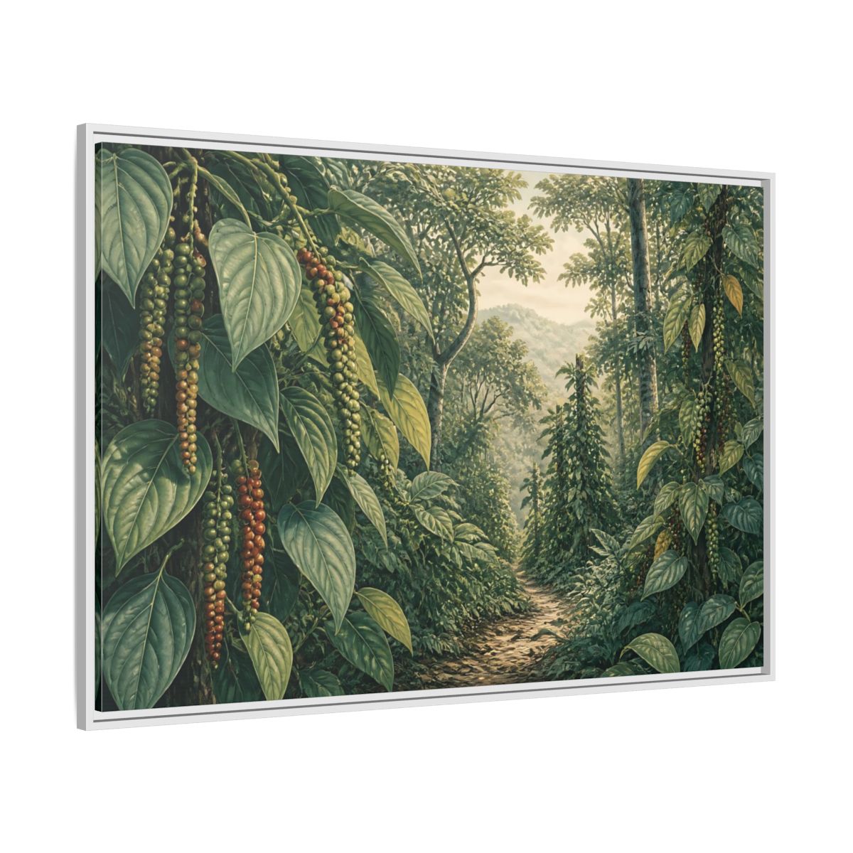 Side Mockup 7. Pepper Vines Jungle Trail shown as framed canvas print