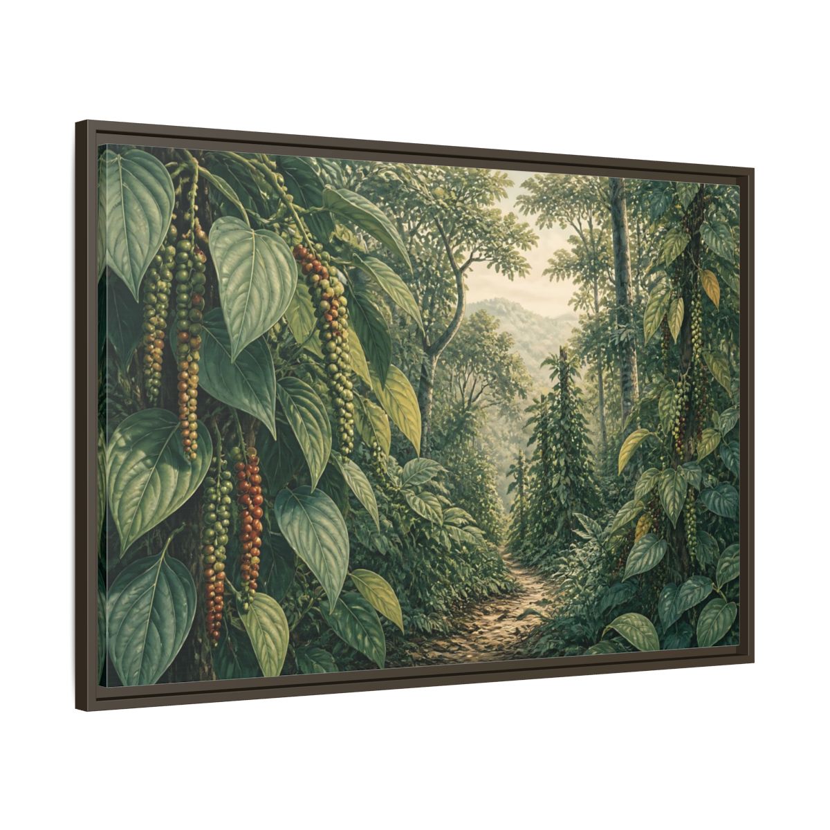 Main Mockup. Pepper Vines Jungle Trail shown as framed canvas print