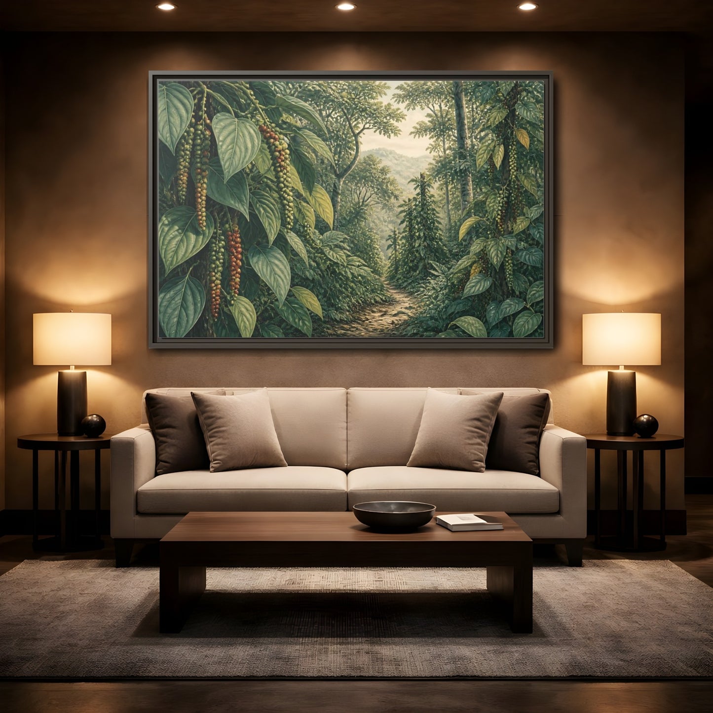 Mockup 2. Pepper Vines Jungle Trail shown as framed canvas print
