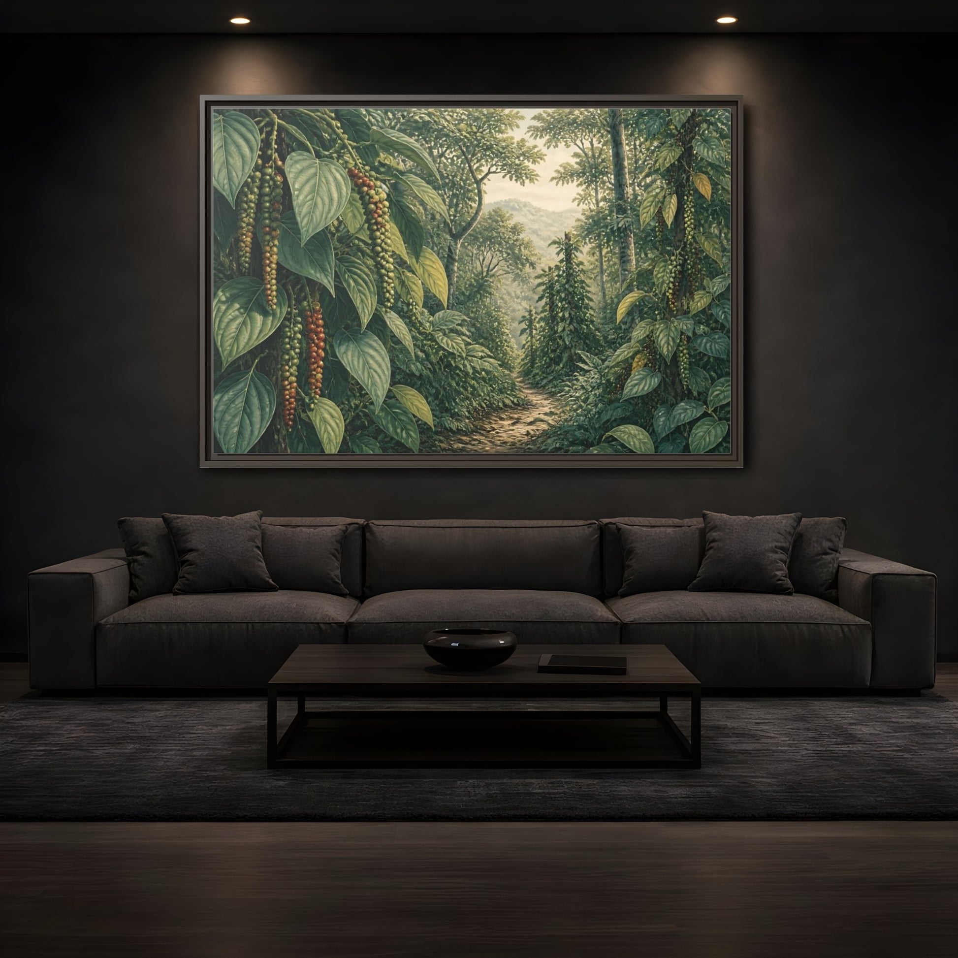 Mockup 3. Pepper Vines Jungle Trail shown as framed canvas print