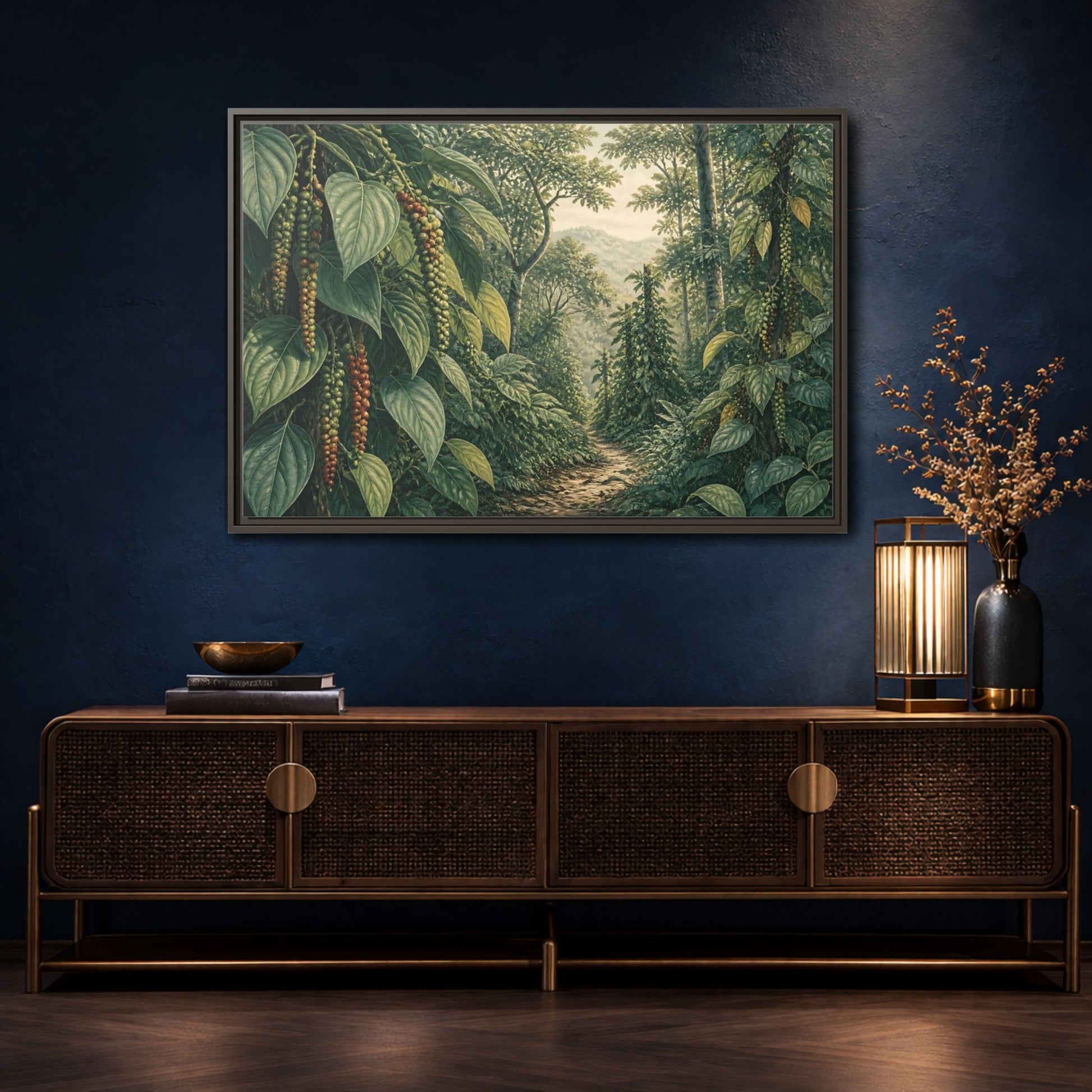 Mockup 4. Pepper Vines Jungle Trail shown as framed canvas print