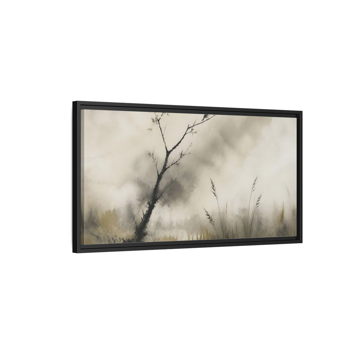 Side Mockup 2. Perched Bird In Mist shown as framed canvas print