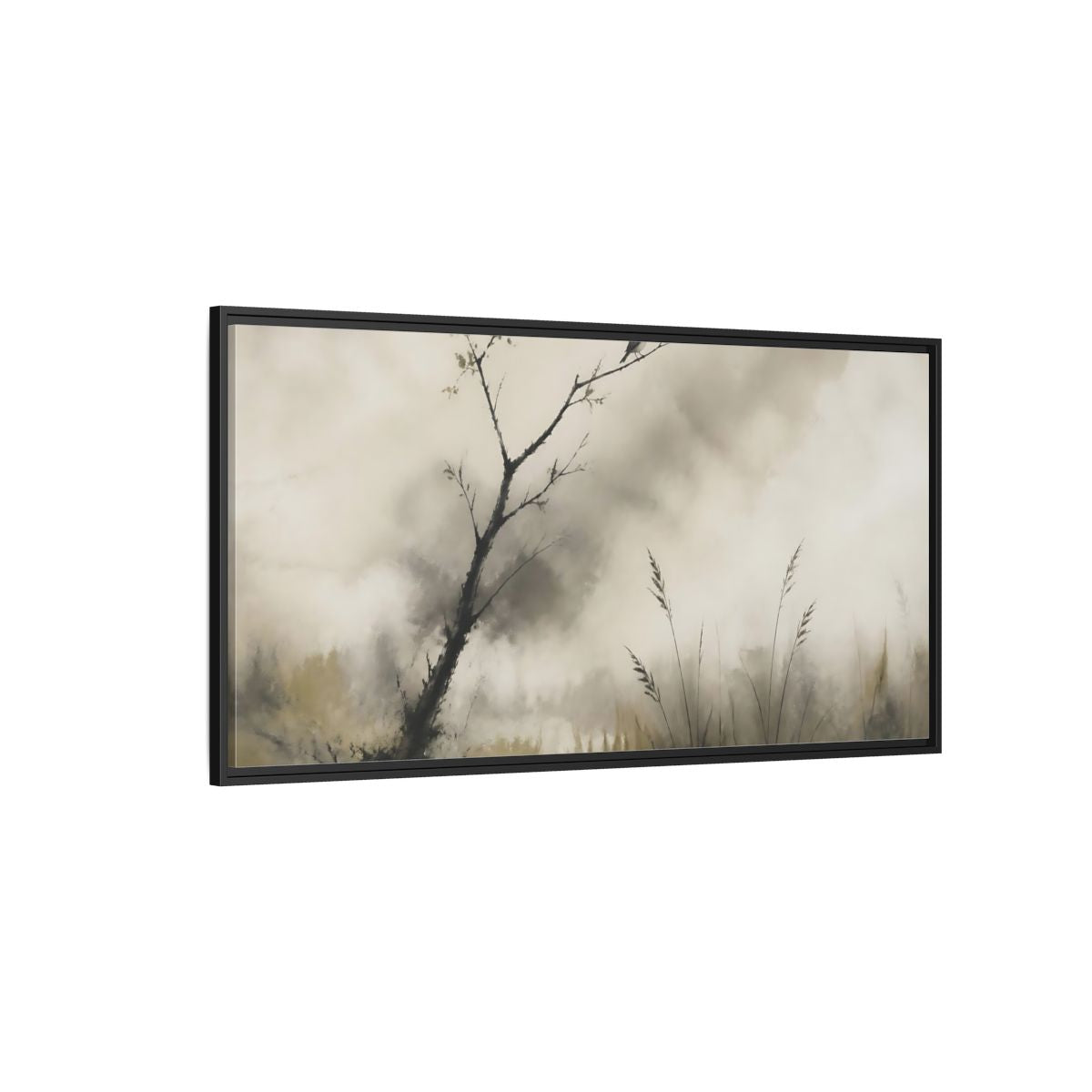 Side Mockup 5. Perched Bird In Mist shown as framed canvas print