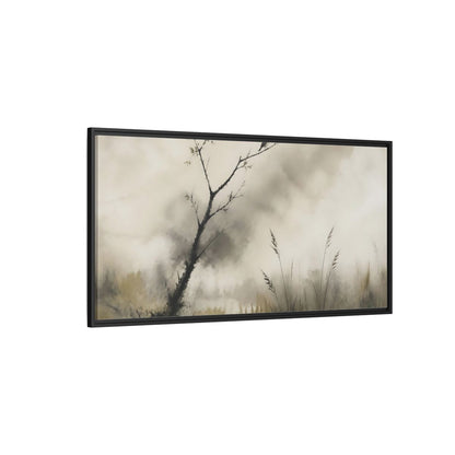 Side Mockup 5. Perched Bird In Mist shown as framed canvas print