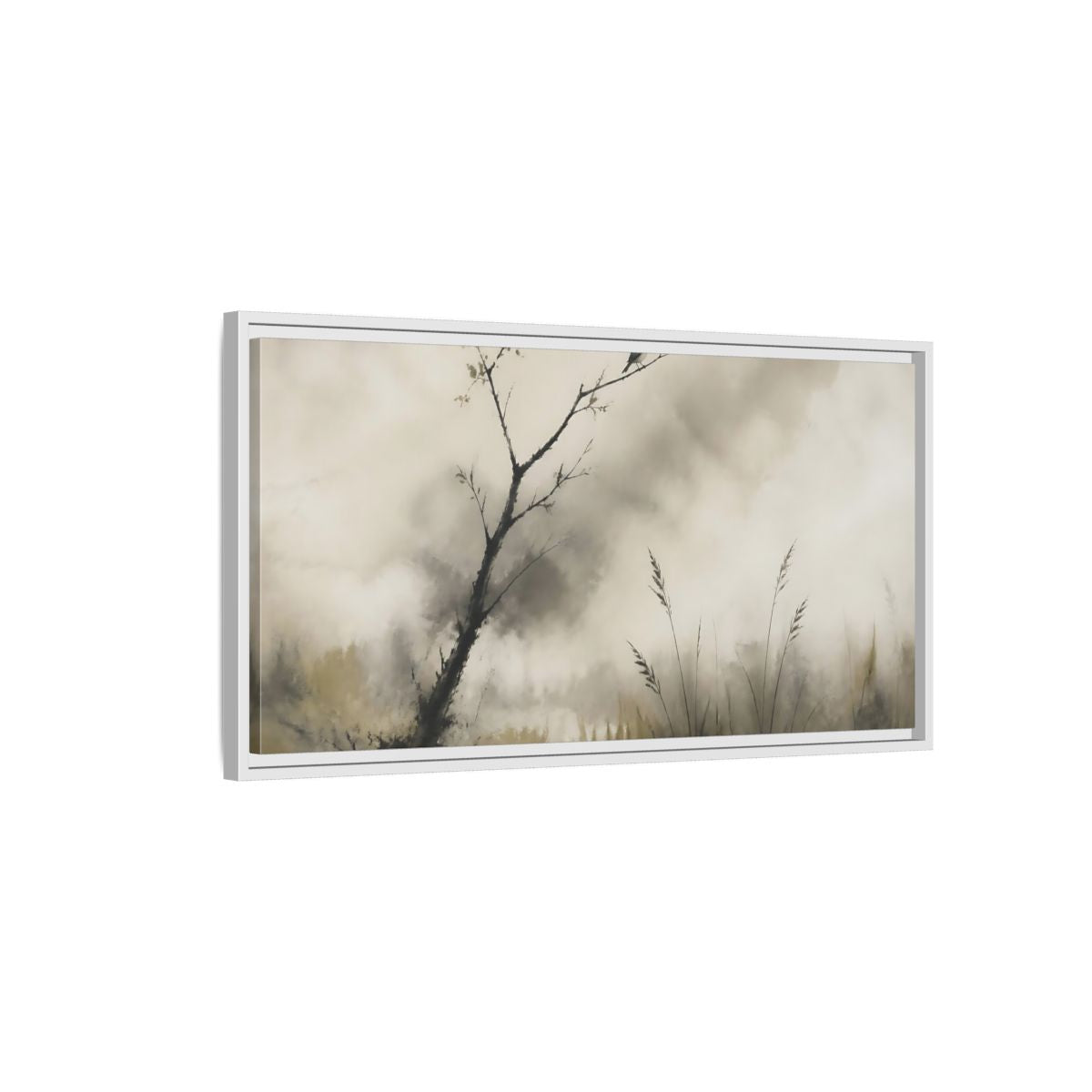Side Mockup 1. Perched Bird In Mist shown as framed canvas print
