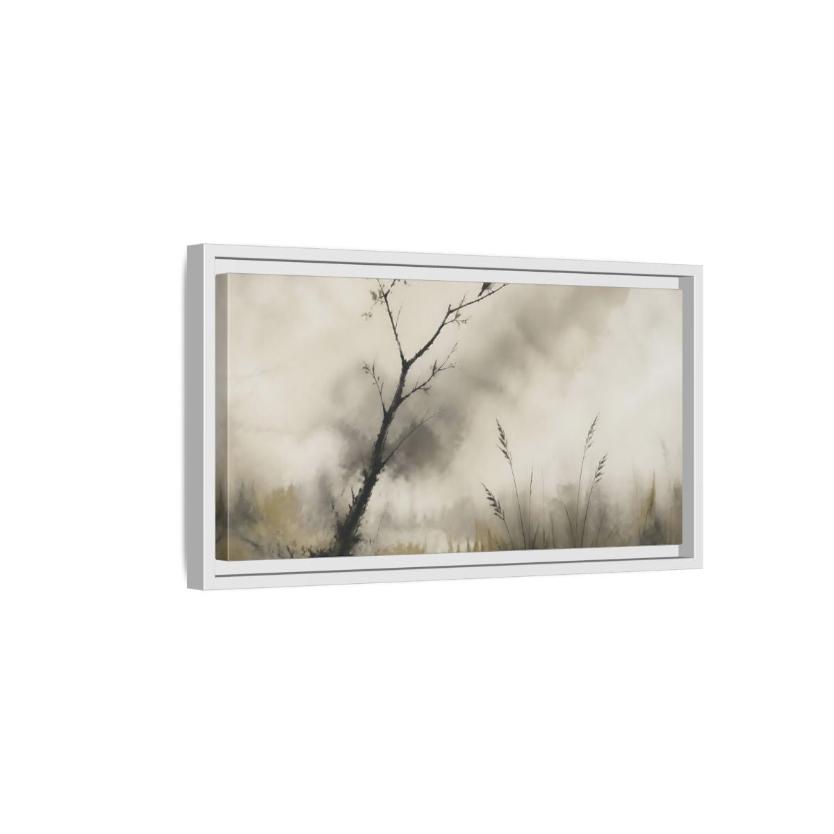 Side Mockup 6. Perched Bird In Mist shown as framed canvas print