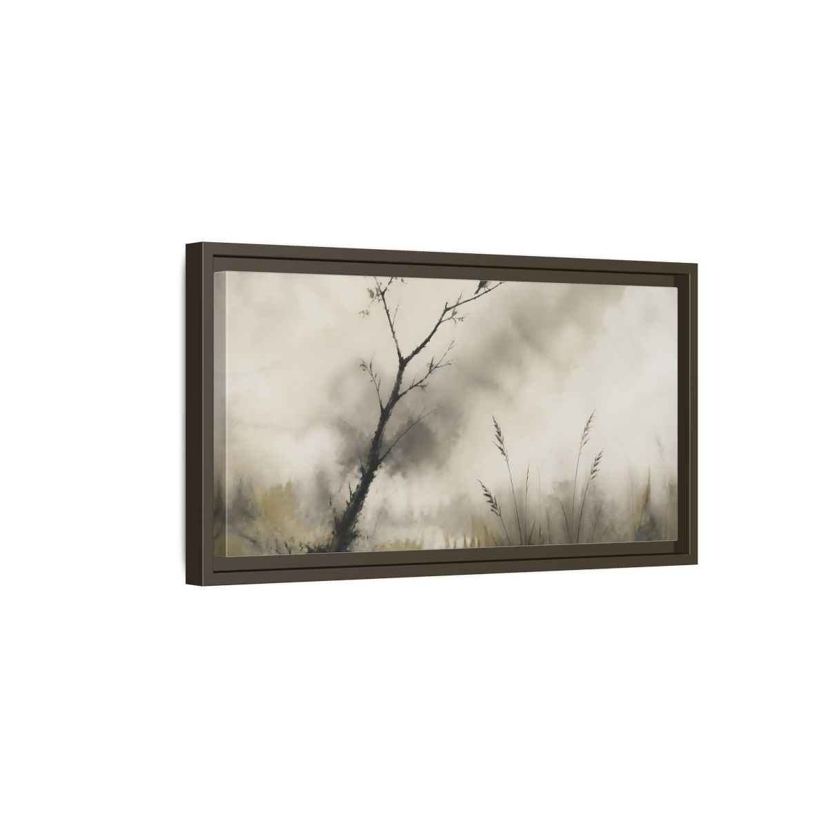Side Mockup 7. Perched Bird In Mist shown as framed canvas print