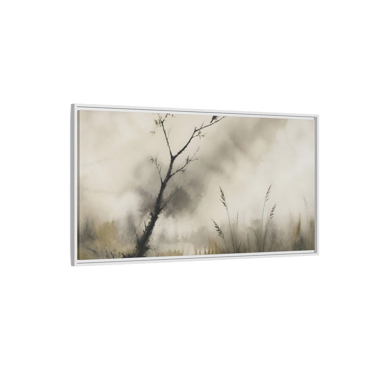 Side Mockup 3. Perched Bird In Mist shown as framed canvas print